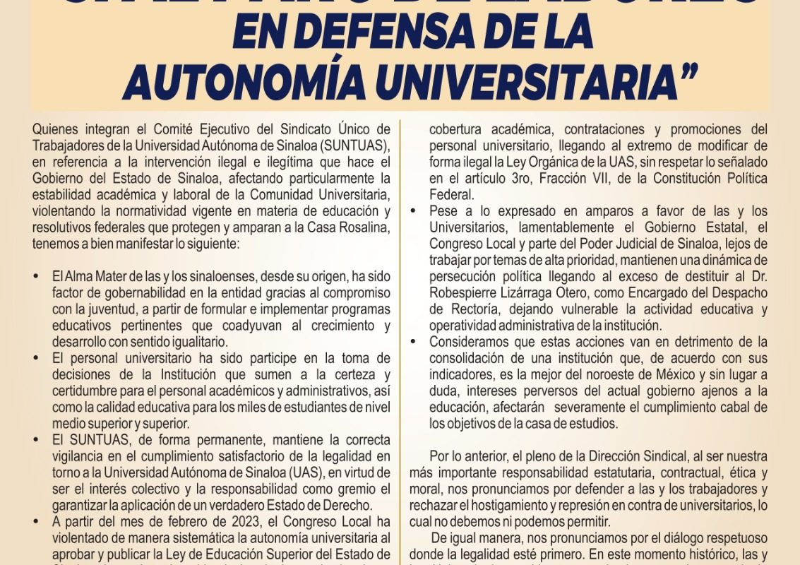 El Sindicato Único de Trabajadores de la Universidad Autónoma de Sinaloa respalda el paro de labores indefinido convocado para este lunes 07 de octubre