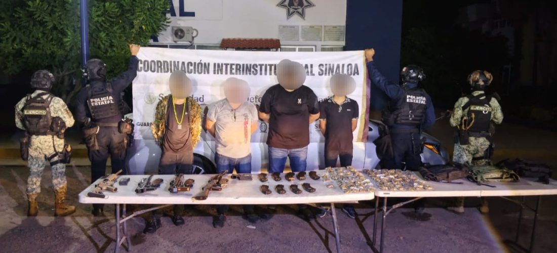 El Grupo Interinstitucional detiene a 4 civiles; les aseguran cinco armas de fuego, municiones y un vehículo robado